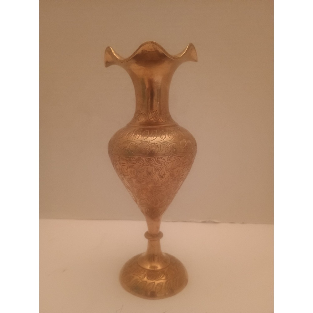 Vintage 8 inch Brass vase with scalloped edges etched floral design